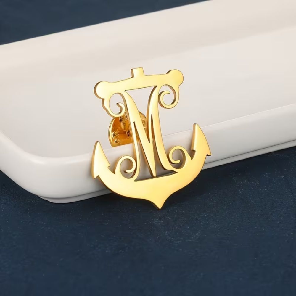 Bazinco Personalised Nautical Initial Brooch – Custom Marine Theme Letter Brooch