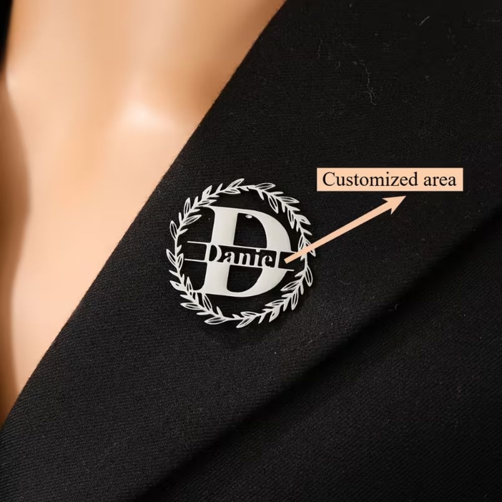 Bazinco Personalised Name Initial Brooch – Custom Engraved Name Letter Brooch