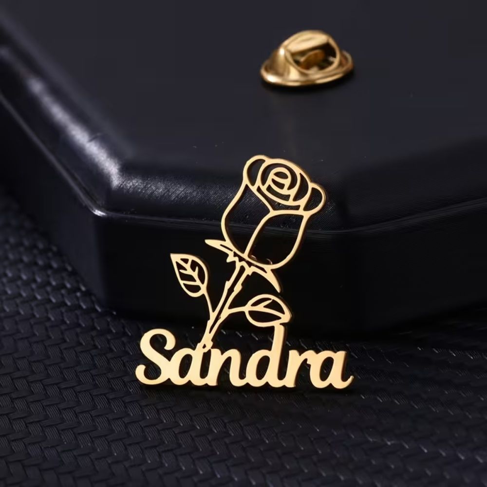 Bazinco Personalised Name with Rose Brooch – Custom Floral Name Pin