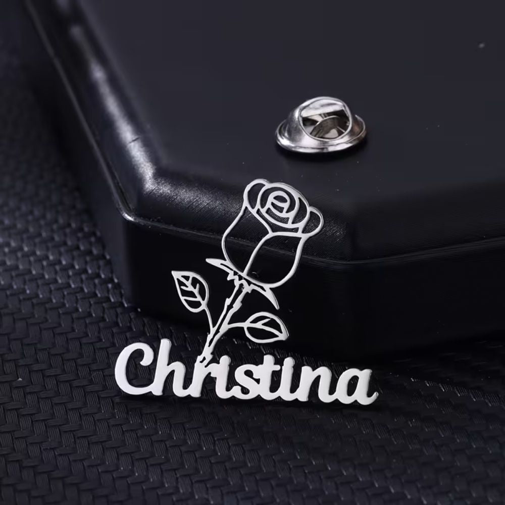 Bazinco Personalised Name with Rose Brooch – Custom Floral Name Pin