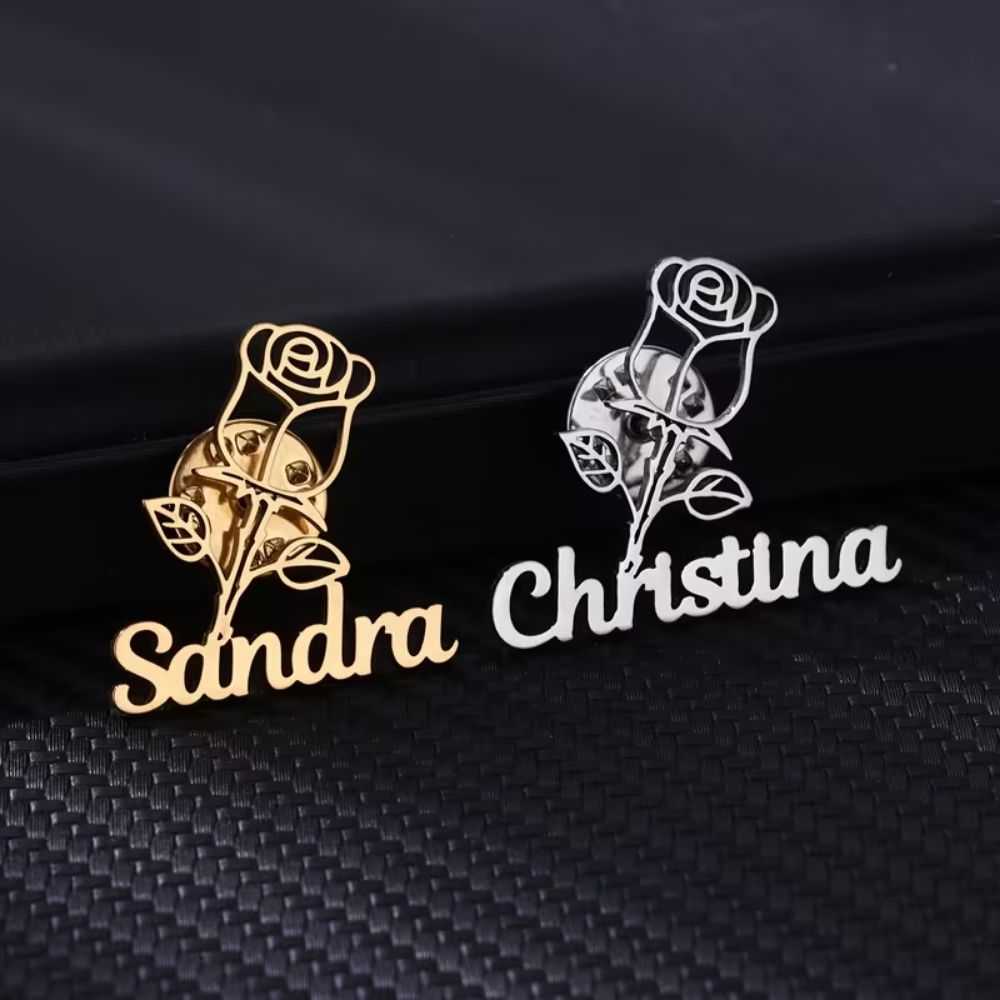 Bazinco Personalised Name with Rose Brooch – Custom Floral Name Pin