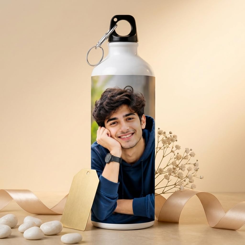 Bazinco Personalized Photo Water Bottle, Custom Photo Printed Aluminium Bottle with Carabiner Cap, Reusable Water Bottle for Birthday, Gifts, Travel & Daily Use