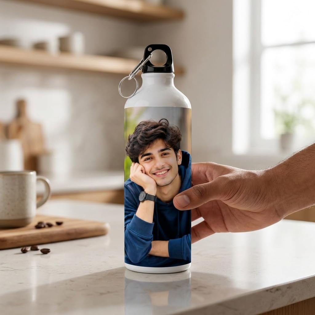 Bazinco Personalized Photo Water Bottle, Custom Photo Printed Aluminium Bottle with Carabiner Cap, Reusable Water Bottle for Birthday, Gifts, Travel & Daily Use