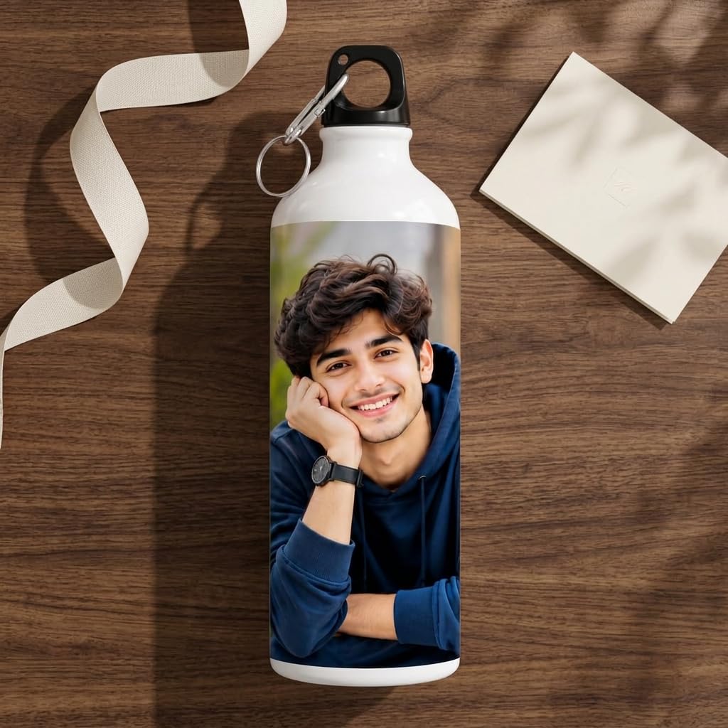 Bazinco Personalized Photo Water Bottle, Custom Photo Printed Aluminium Bottle with Carabiner Cap, Reusable Water Bottle for Birthday, Gifts, Travel & Daily Use