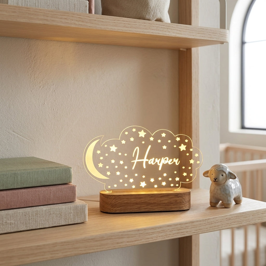 Bazinco Personalized Moon & Stars Cloud LED Name Lamp | Custom Acrylic Night Light with Wooden Base for Kids