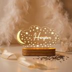 Bazinco Personalized Moon & Stars Cloud LED Name Lamp | Custom Acrylic Night Light with Wooden Base for Kids