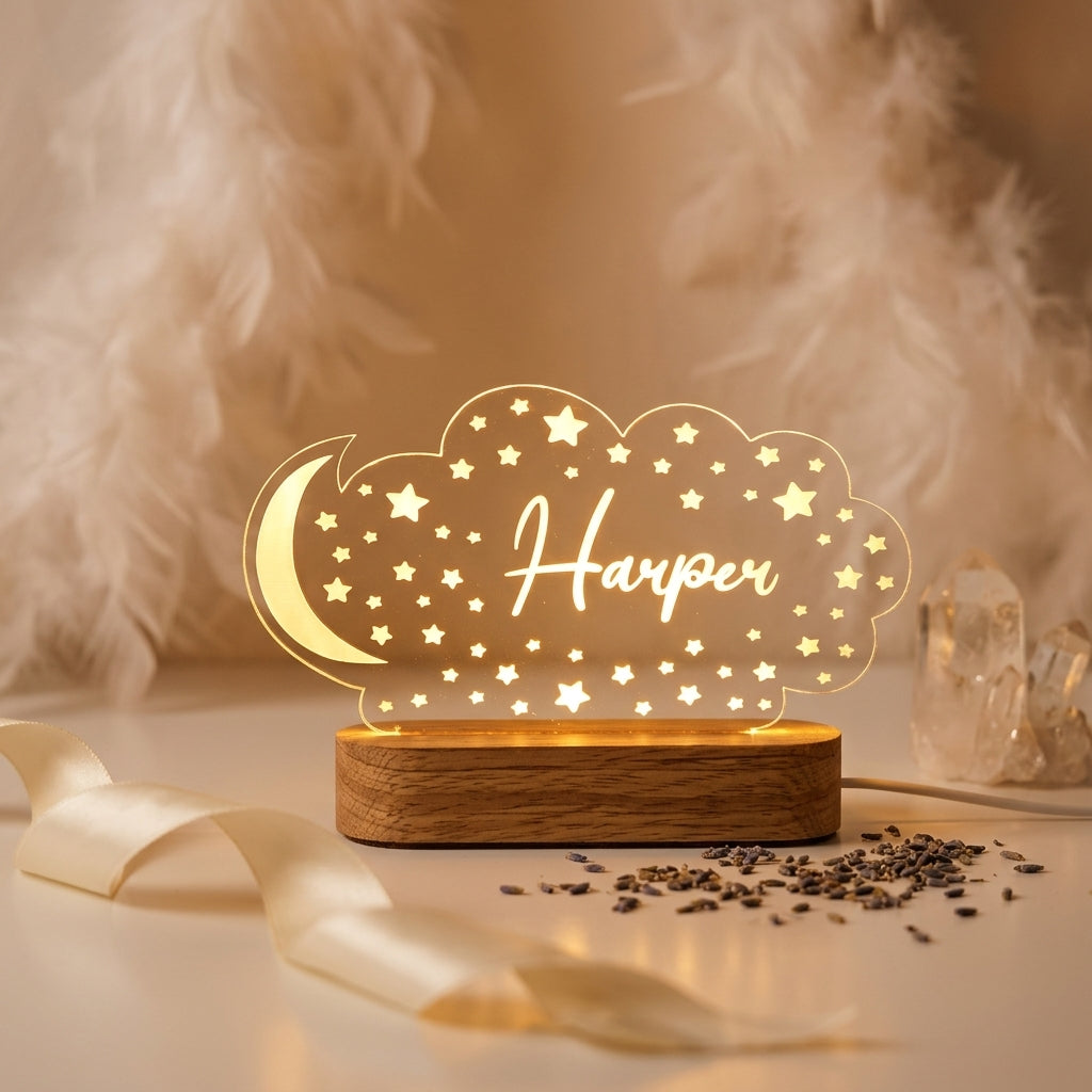 Bazinco Personalized Moon & Stars Cloud LED Name Lamp | Custom Acrylic Night Light with Wooden Base for Kids