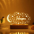 Bazinco Personalized Moon & Stars Cloud LED Name Lamp | Custom Acrylic Night Light with Wooden Base for Kids