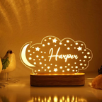 Bazinco Personalized Moon & Stars Cloud LED Name Lamp | Custom Acrylic Night Light with Wooden Base for Kids