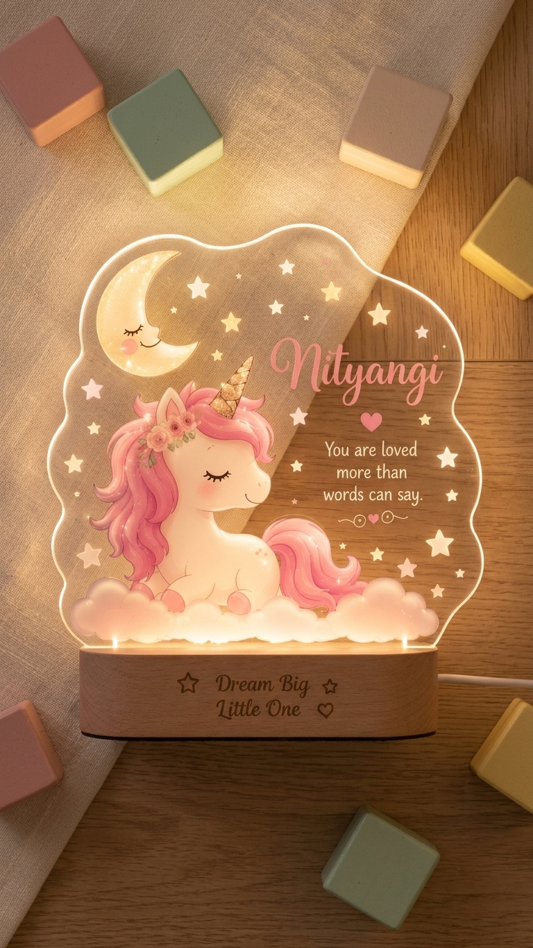 Personalized Unicorn LED Acrylic Night Lamp with Name | Custom Unicorn Lamp for Kids Bedroom | Baby Girl Birthday Gift | Bazinco