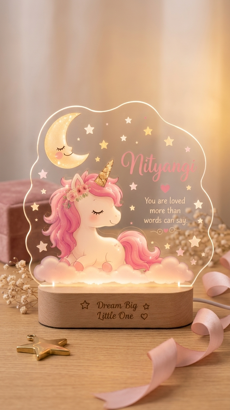 Personalized Unicorn LED Acrylic Night Lamp with Name | Custom Unicorn Lamp for Kids Bedroom | Baby Girl Birthday Gift | Bazinco