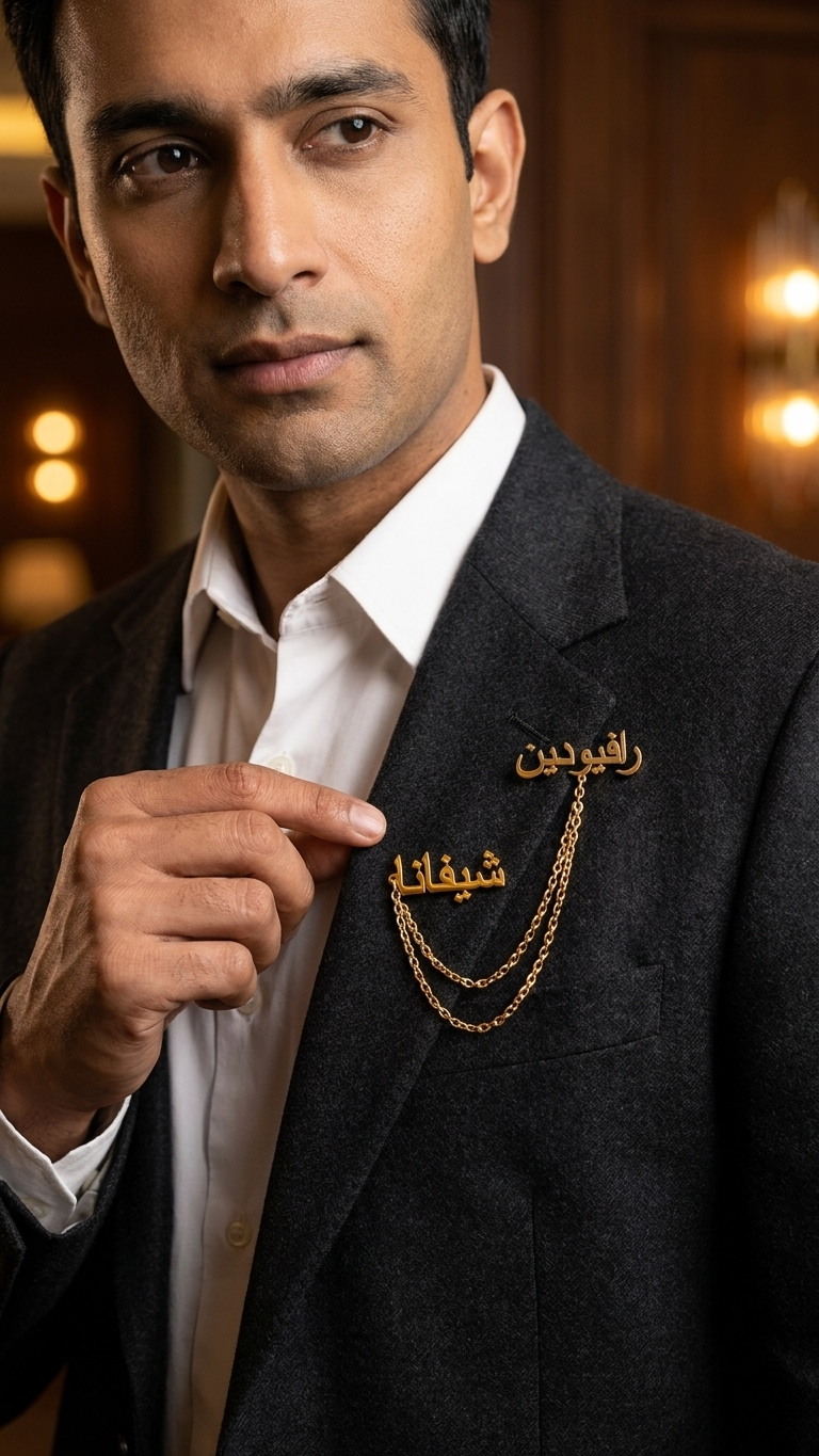 Bazinco Personalized Arabic Name Brooch Pin with Double Chain – Custom Name Lapel Pin in Gold Finish | Couple Name Brooch | Personalized Arabic Jewelry Gift