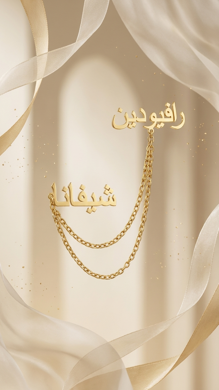 Bazinco Personalized Arabic Name Brooch Pin with Double Chain – Custom Name Lapel Pin in Gold Finish | Couple Name Brooch | Personalized Arabic Jewelry Gift
