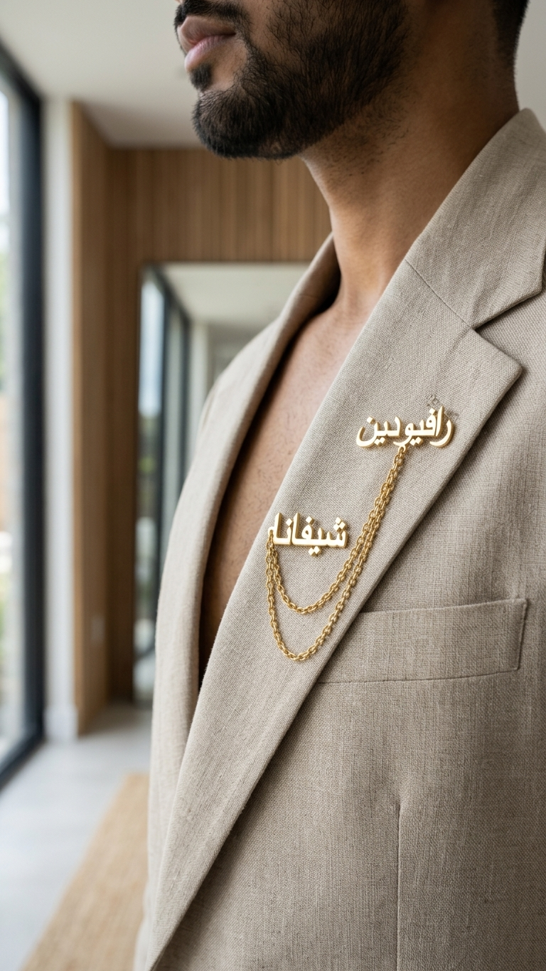 Bazinco Personalized Arabic Name Brooch Pin with Double Chain – Custom Name Lapel Pin in Gold Finish | Couple Name Brooch | Personalized Arabic Jewelry Gift